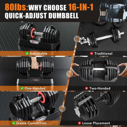 Adjustable Dumbbell Set - 160 lbs (80 lbs x 2), 16-in-1 Quick-Select Weight Adjustable Dumbbells for Comprehensive Home Workouts