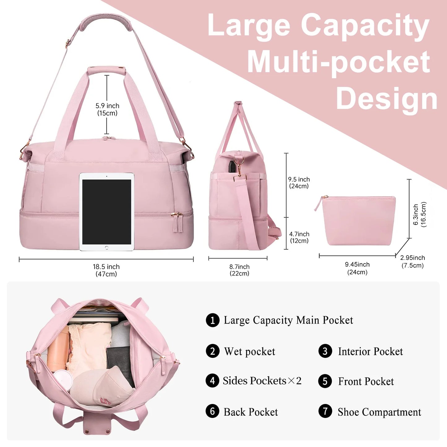 Women's Travel Duffel Bag with USB Charging Port - Large Weekender and Overnight Bag for Gym and Yoga, Featuring Wet Pocket and Shoe Compartment, Pink