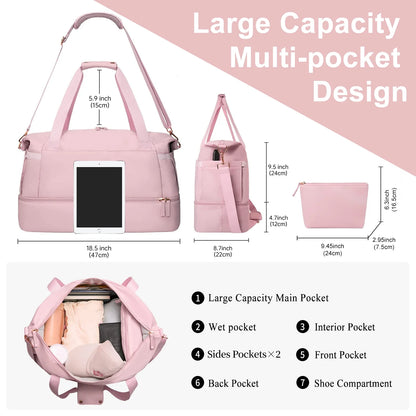 Women's Travel Duffel Bag with USB Charging Port - Large Weekender and Overnight Bag for Gym and Yoga, Featuring Wet Pocket and Shoe Compartment, Pink