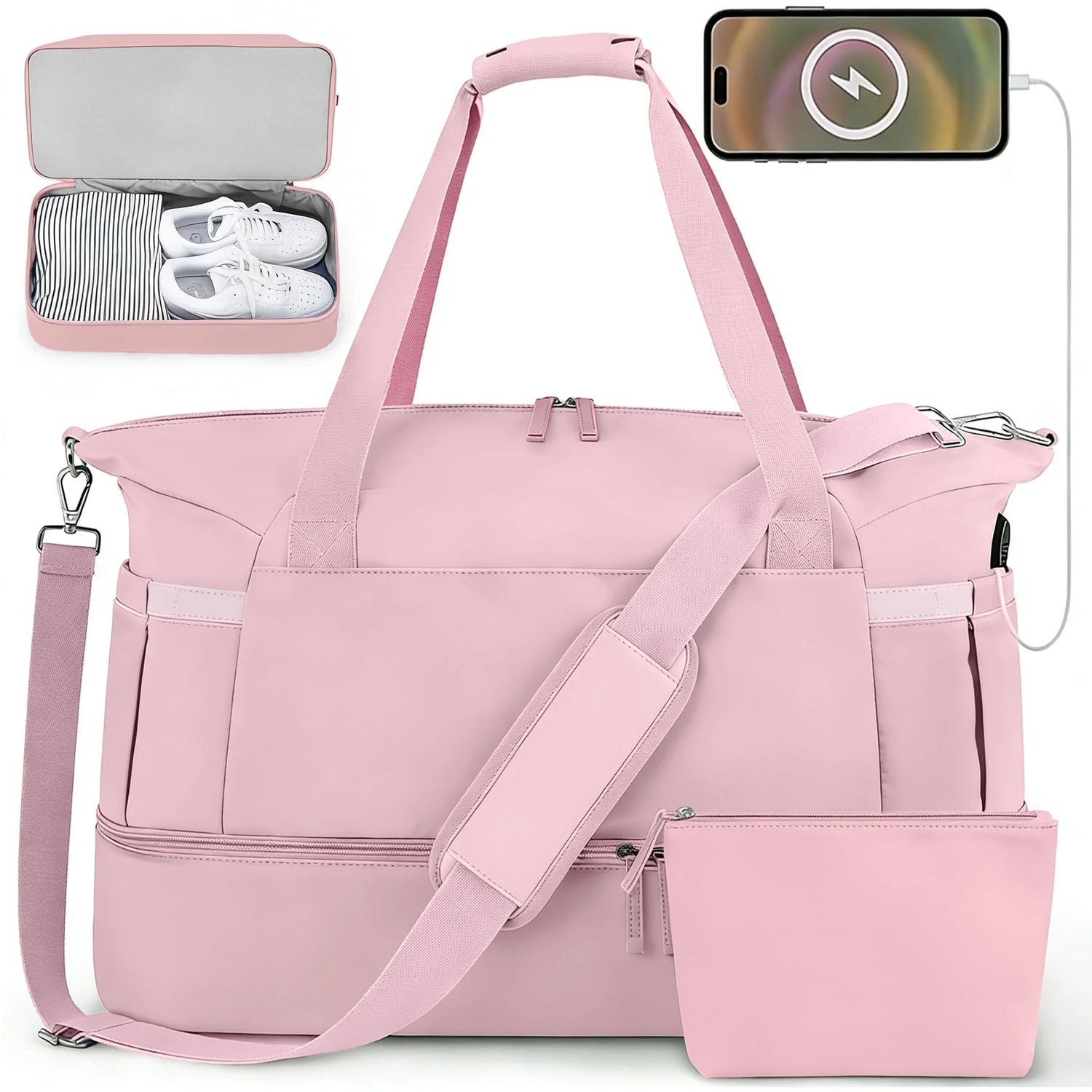 Women's Travel Duffel Bag with USB Charging Port - Large Weekender and Overnight Bag for Gym and Yoga, Featuring Wet Pocket and Shoe Compartment, Pink