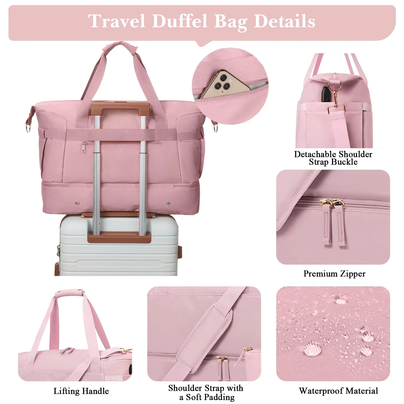 Women's Travel Duffel Bag with USB Charging Port - Large Weekender and Overnight Bag for Gym and Yoga, Featuring Wet Pocket and Shoe Compartment, Pink