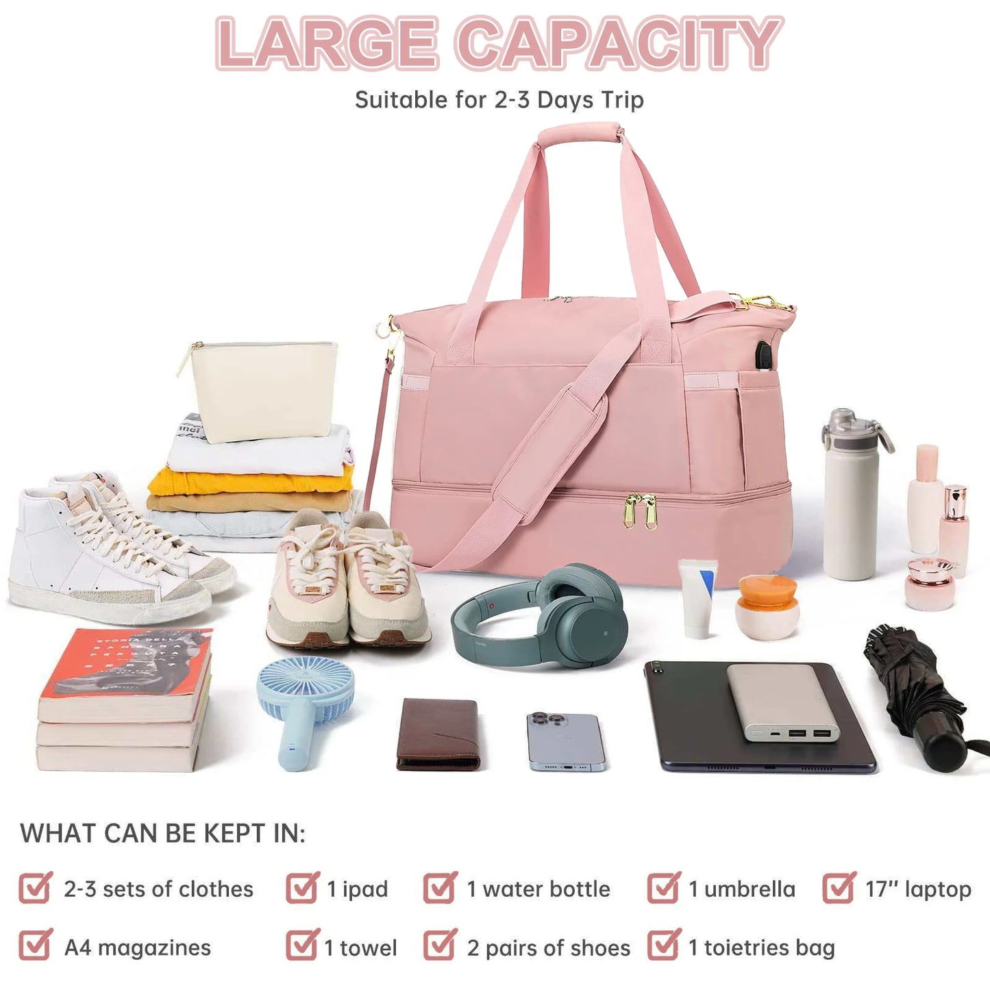 Women's Travel Duffel Bag with USB Charging Port - Large Weekender and Overnight Bag for Gym and Yoga, Featuring Wet Pocket and Shoe Compartment, Pink
