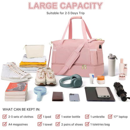 Women's Travel Duffel Bag with USB Charging Port - Large Weekender and Overnight Bag for Gym and Yoga, Featuring Wet Pocket and Shoe Compartment, Pink
