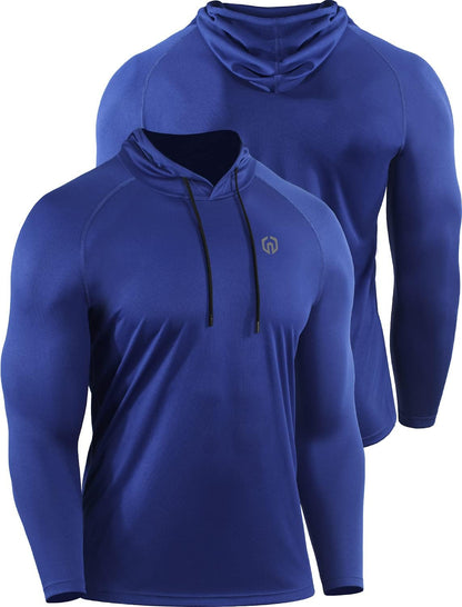 Men's Long Sleeve Mesh Running Shirt - 3 Pack Athletic Hooded Workout Tops, Black/Red/Blue, Size L