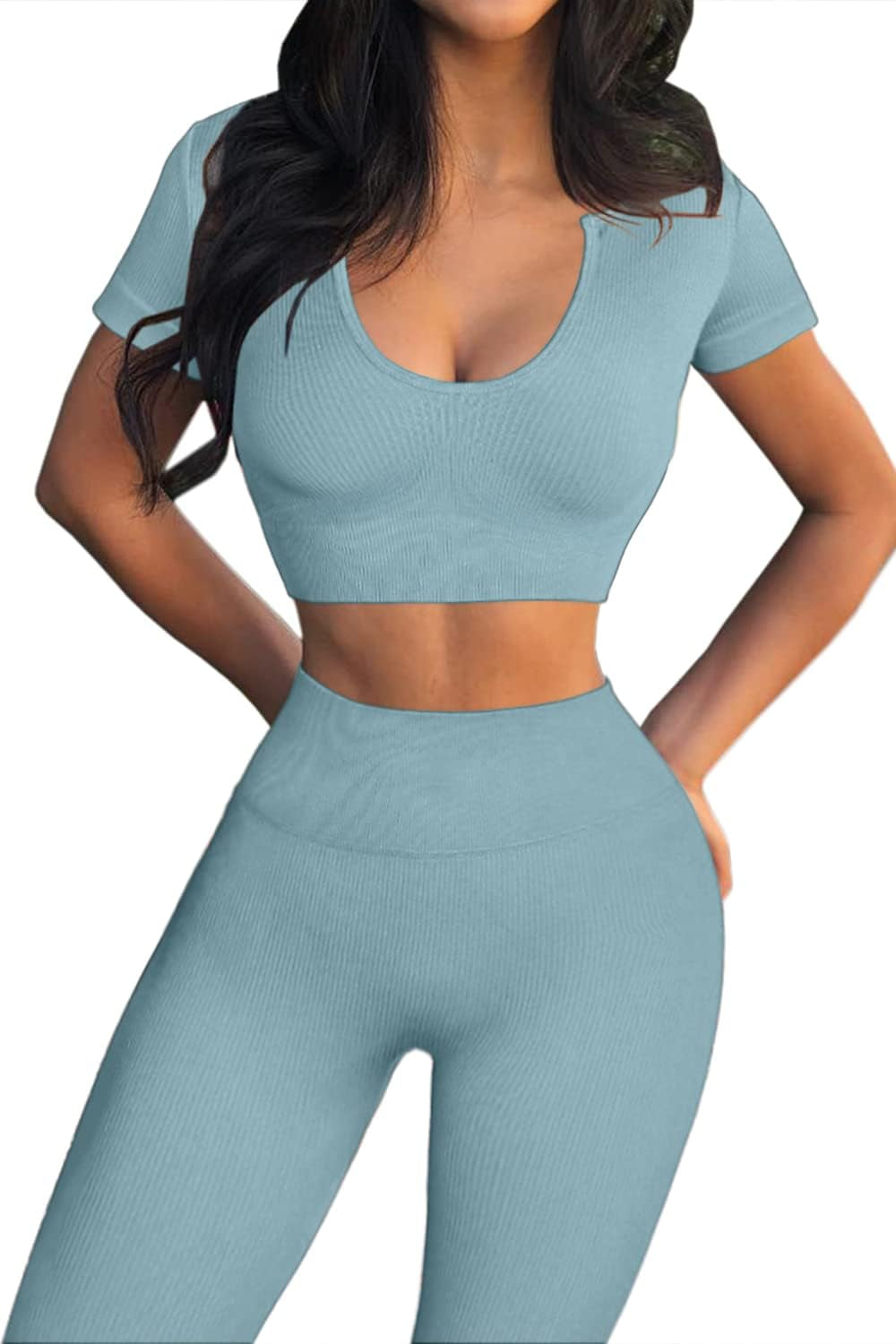 Women's 2-Piece Ribbed Seamless High Waist Yoga Pants Set in Blue, Size L