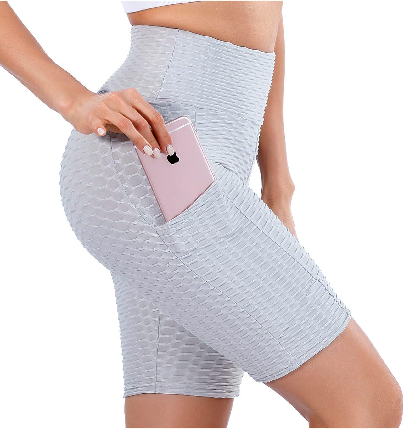 TIK Tok Workout Shorts Womens Booty Butt Lifting Leggings Textured Tummy Control Biker Shorts for Women High Waist with Pockets (Grey, Large, L)