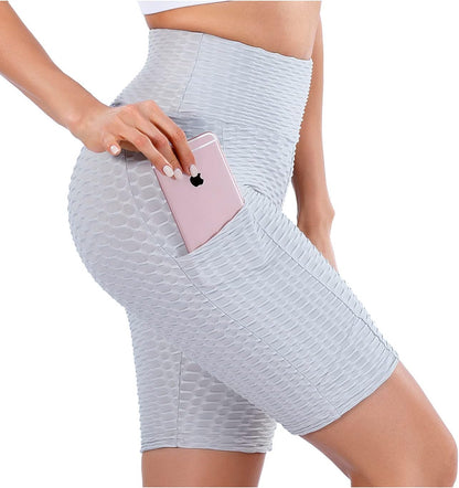 TIK Tok Workout Shorts Womens Booty Butt Lifting Leggings Textured Tummy Control Biker Shorts for Women High Waist with Pockets (Grey, Large, L)