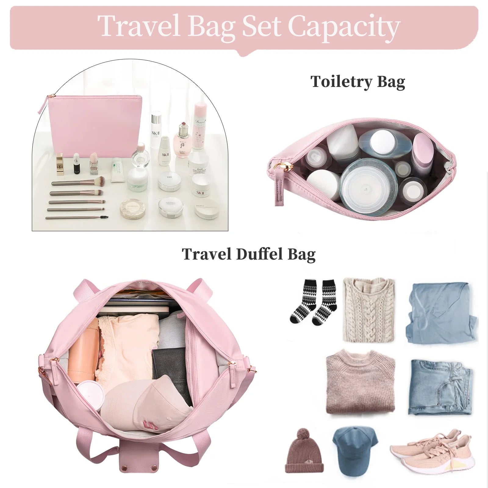 Women's Travel Duffel Bag with USB Charging Port - Large Weekender and Overnight Bag for Gym and Yoga, Featuring Wet Pocket and Shoe Compartment, Pink