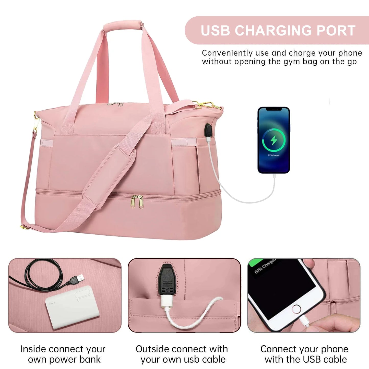 Women's Travel Duffel Bag with USB Charging Port - Large Weekender and Overnight Bag for Gym and Yoga, Featuring Wet Pocket and Shoe Compartment, Pink