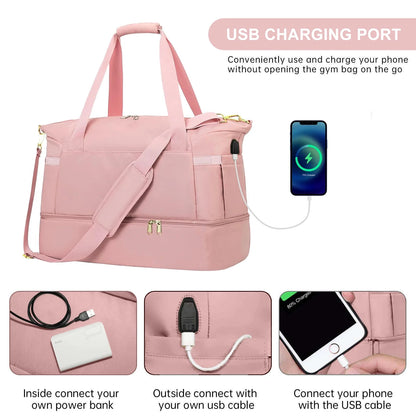 Women's Travel Duffel Bag with USB Charging Port - Large Weekender and Overnight Bag for Gym and Yoga, Featuring Wet Pocket and Shoe Compartment, Pink
