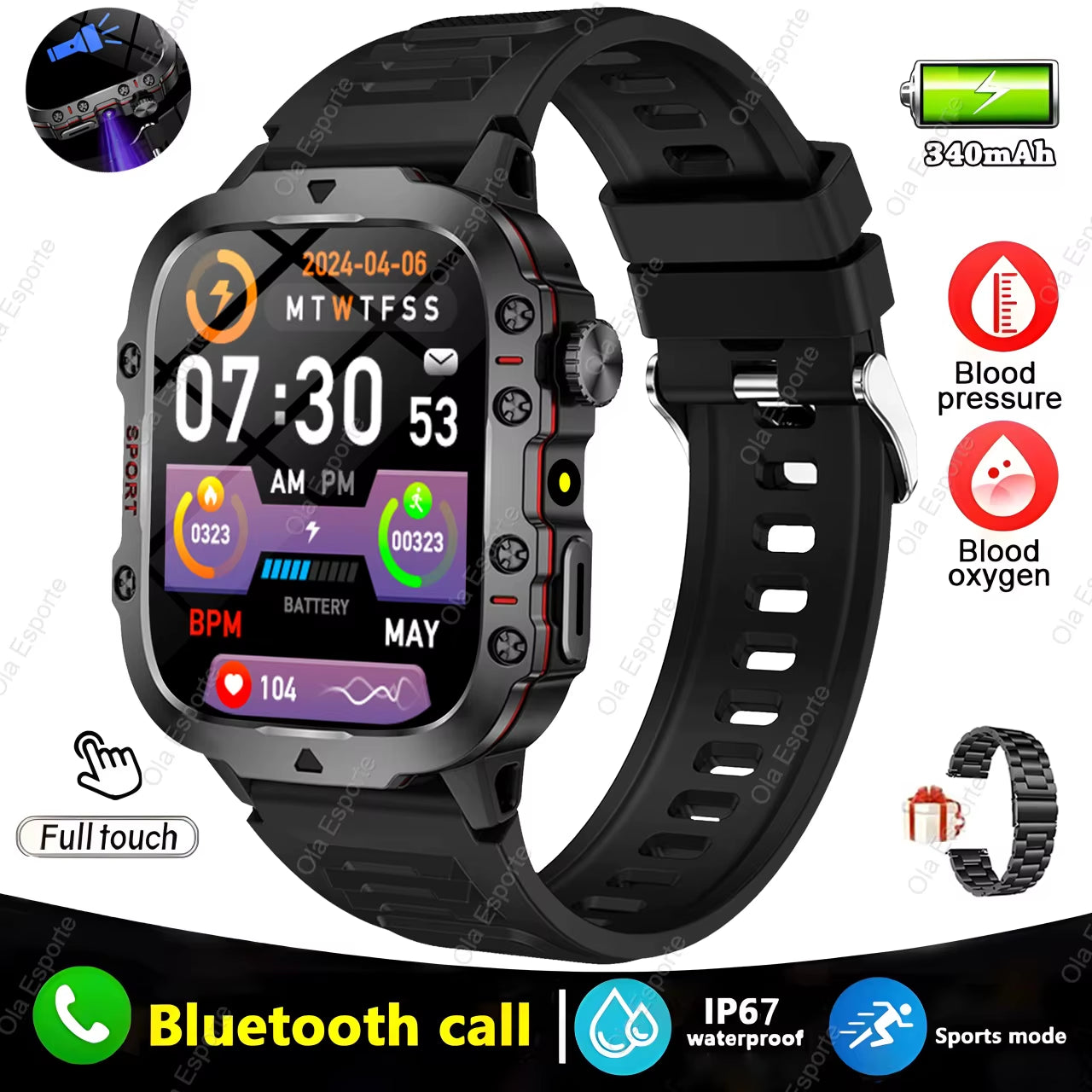 Men's Smartwatch with Flashlight, Bluetooth Calling, Fitness Tracking, IP68 Waterproof - Compatible with Android and iOS, 2025 Model