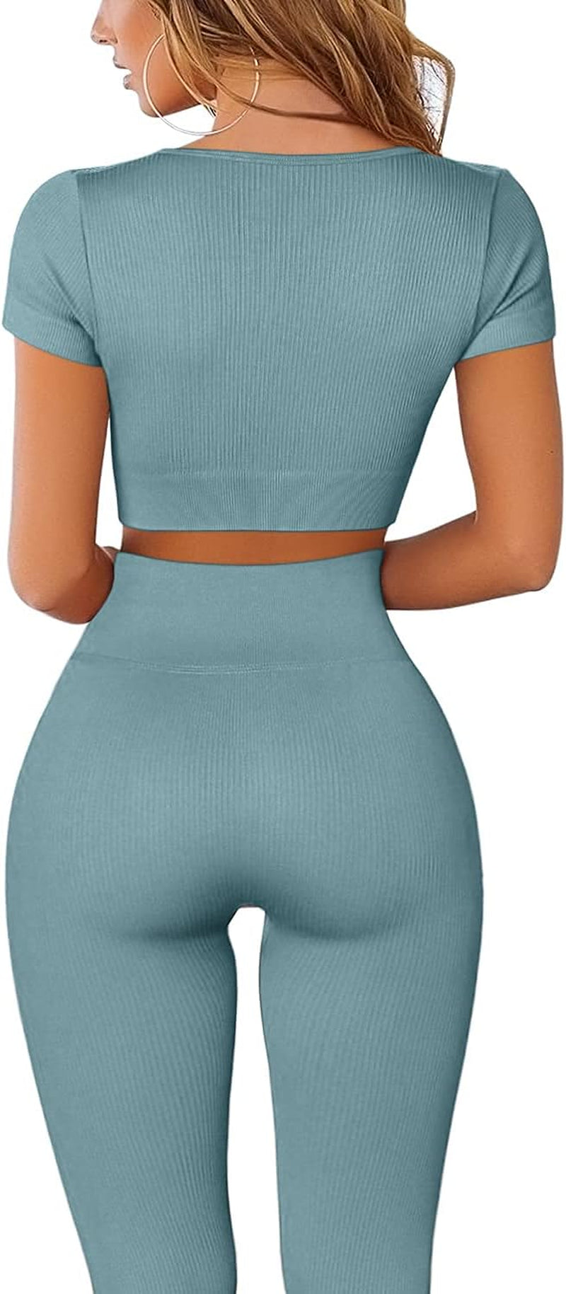 Women's 2-Piece Ribbed Seamless High Waist Yoga Pants Set in Blue, Size L