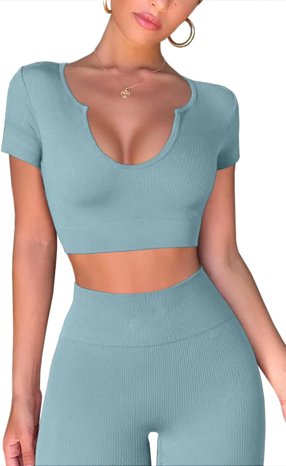 Women's 2-Piece Ribbed Seamless High Waist Yoga Pants Set in Blue, Size L