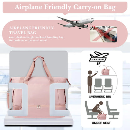 Women's Travel Duffel Bag with USB Charging Port - Large Weekender and Overnight Bag for Gym and Yoga, Featuring Wet Pocket and Shoe Compartment, Pink