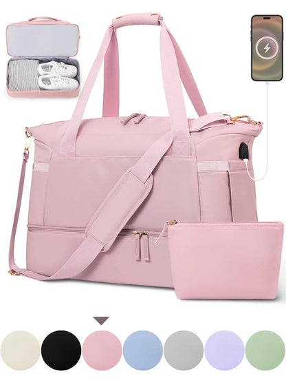Women's Travel Duffel Bag with USB Charging Port - Large Weekender and Overnight Bag for Gym and Yoga, Featuring Wet Pocket and Shoe Compartment, Pink
