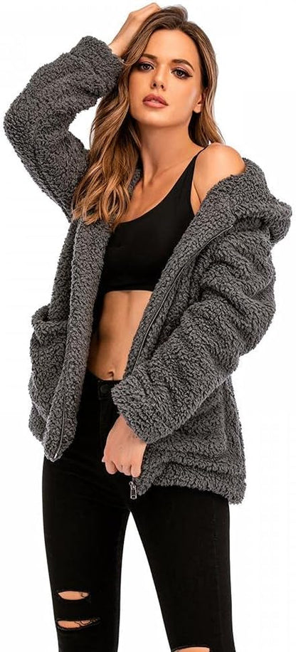 Women's Plaid Faux Fleece Long Sleeve Lapel Coat with Shearling Detail