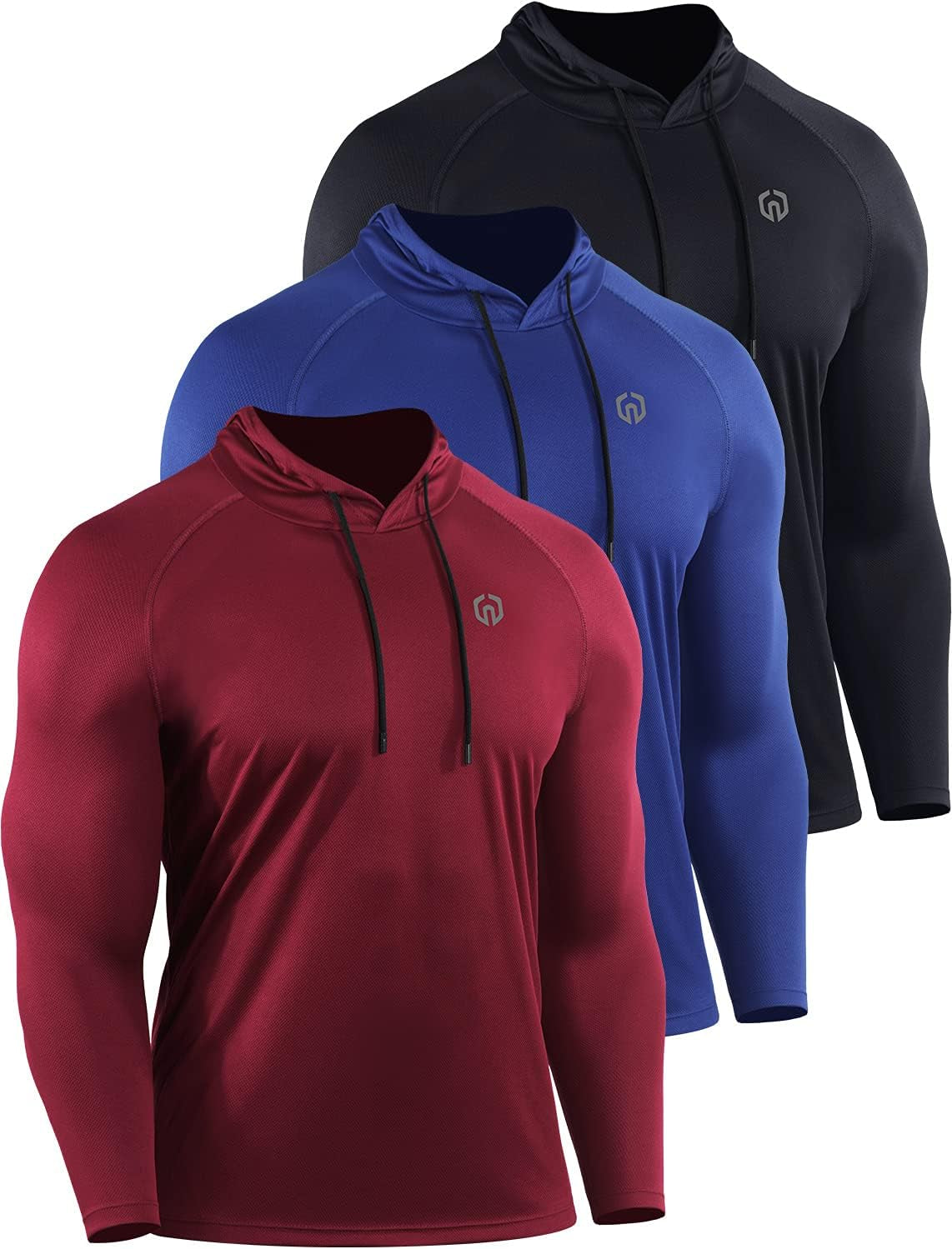 Men's Long Sleeve Mesh Running Shirt - 3 Pack Athletic Hooded Workout Tops, Black/Red/Blue, Size L