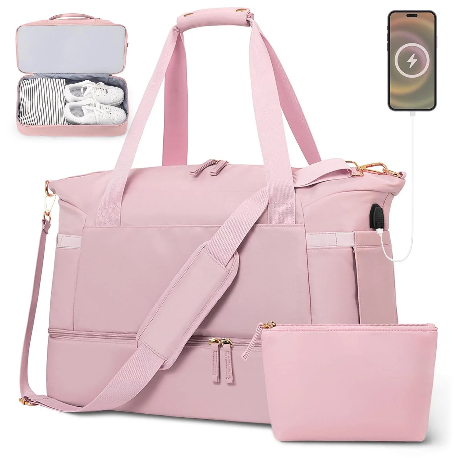 Women's Travel Duffel Bag with USB Charging Port - Large Weekender and Overnight Bag for Gym and Yoga, Featuring Wet Pocket and Shoe Compartment, Pink