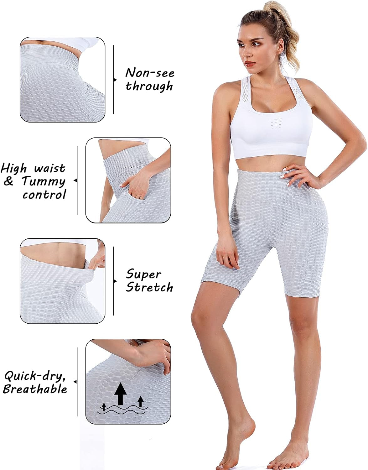 TIK Tok Workout Shorts Womens Booty Butt Lifting Leggings Textured Tummy Control Biker Shorts for Women High Waist with Pockets (Grey, Large, L)