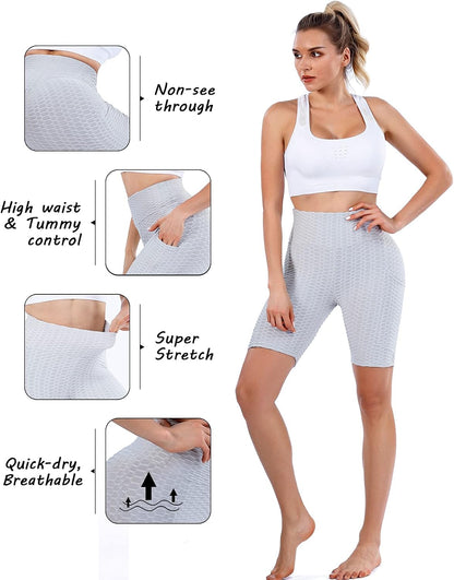 TIK Tok Workout Shorts Womens Booty Butt Lifting Leggings Textured Tummy Control Biker Shorts for Women High Waist with Pockets (Grey, Large, L)