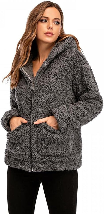 Women's Plaid Faux Fleece Long Sleeve Lapel Coat with Shearling Detail
