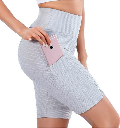 TIK Tok Workout Shorts Womens Booty Butt Lifting Leggings Textured Tummy Control Biker Shorts for Women High Waist with Pockets (Grey, Large, L)