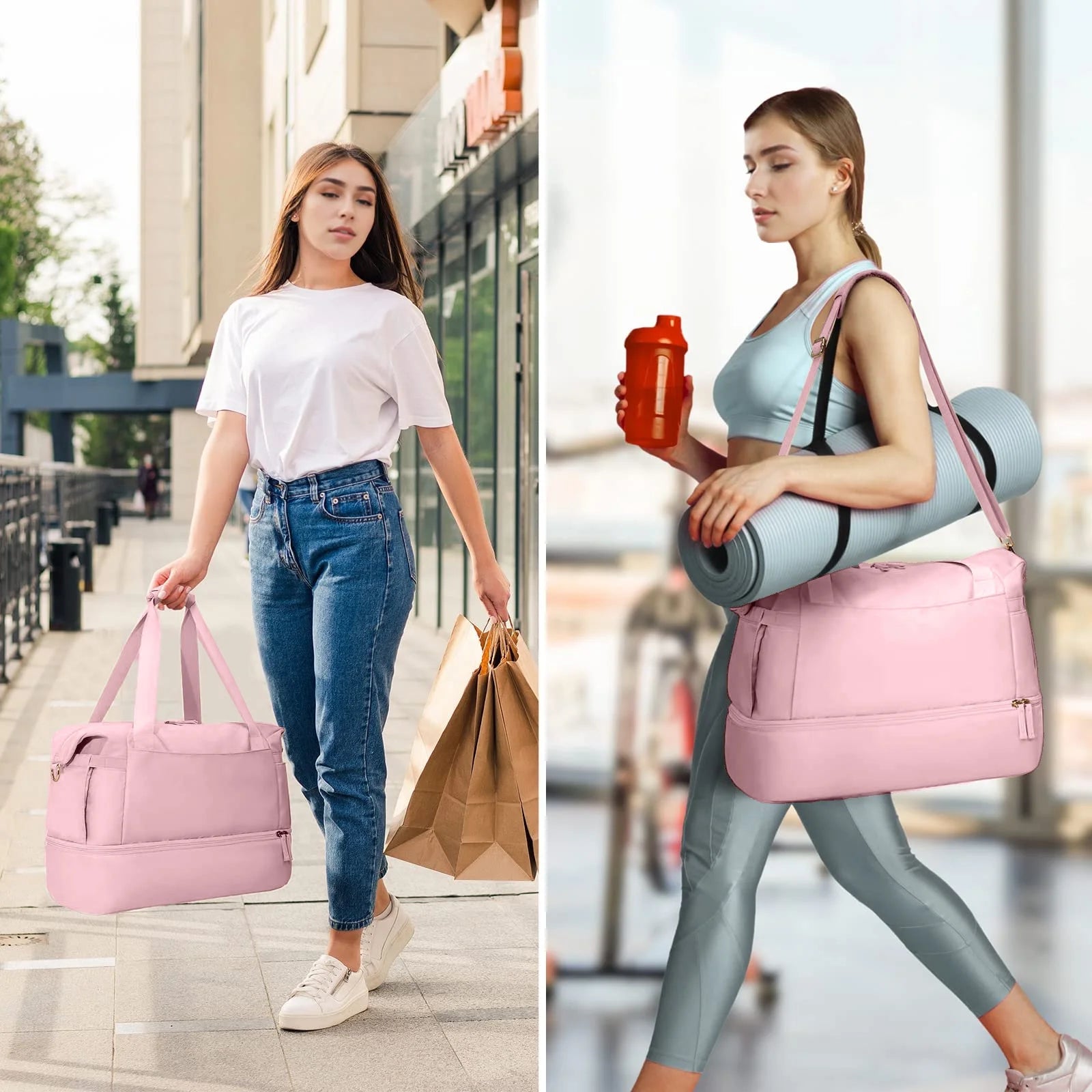 Women's Travel Duffel Bag with USB Charging Port - Large Weekender and Overnight Bag for Gym and Yoga, Featuring Wet Pocket and Shoe Compartment, Pink