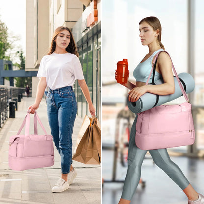 Women's Travel Duffel Bag with USB Charging Port - Large Weekender and Overnight Bag for Gym and Yoga, Featuring Wet Pocket and Shoe Compartment, Pink