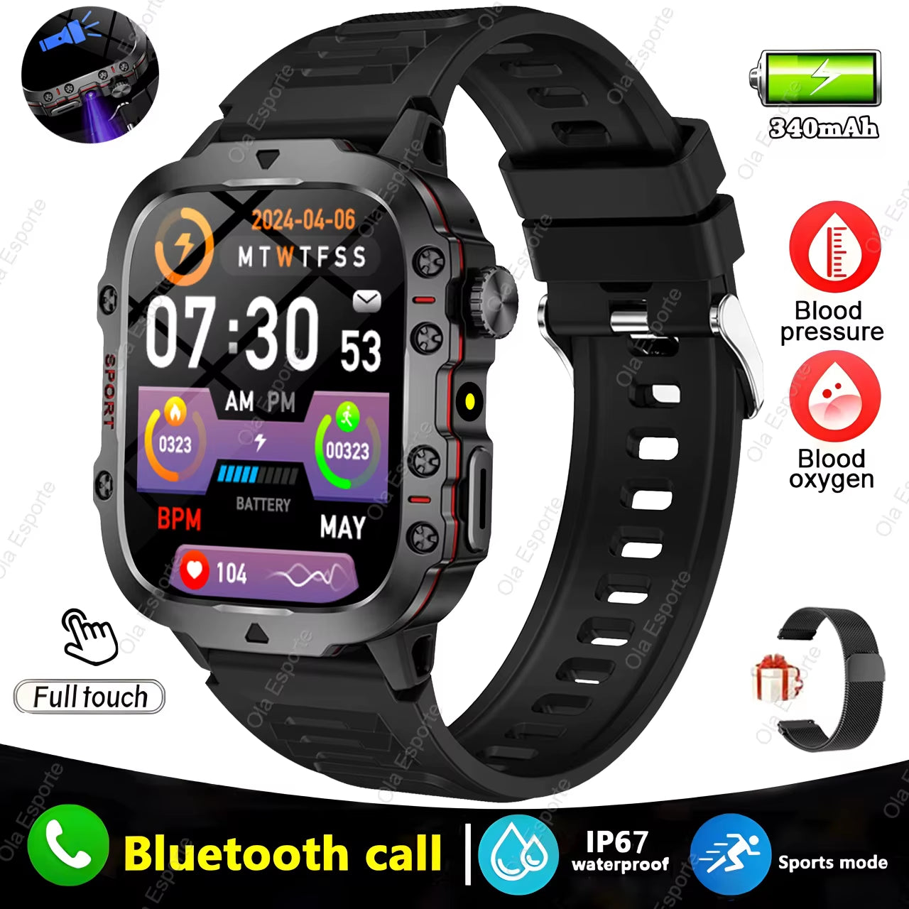 Men's Smartwatch with Flashlight, Bluetooth Calling, Fitness Tracking, IP68 Waterproof - Compatible with Android and iOS, 2025 Model
